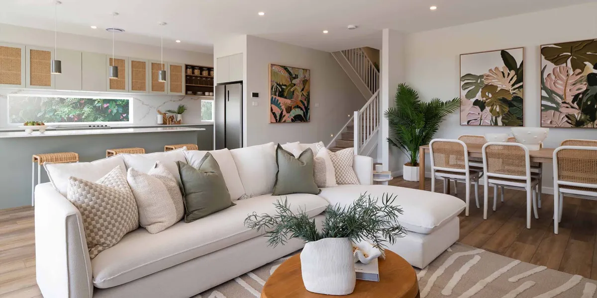 Open-plan living area in the Carolina 2 display home featuring a cream sectional sofa with patterned pillows, wooden coffee table with potted plant, modern kitchen with white cabinetry and marble countertop in background, dining area with rattan chairs, botanical artwork, indoor plants, staircase, and warm wood flooring throughout.