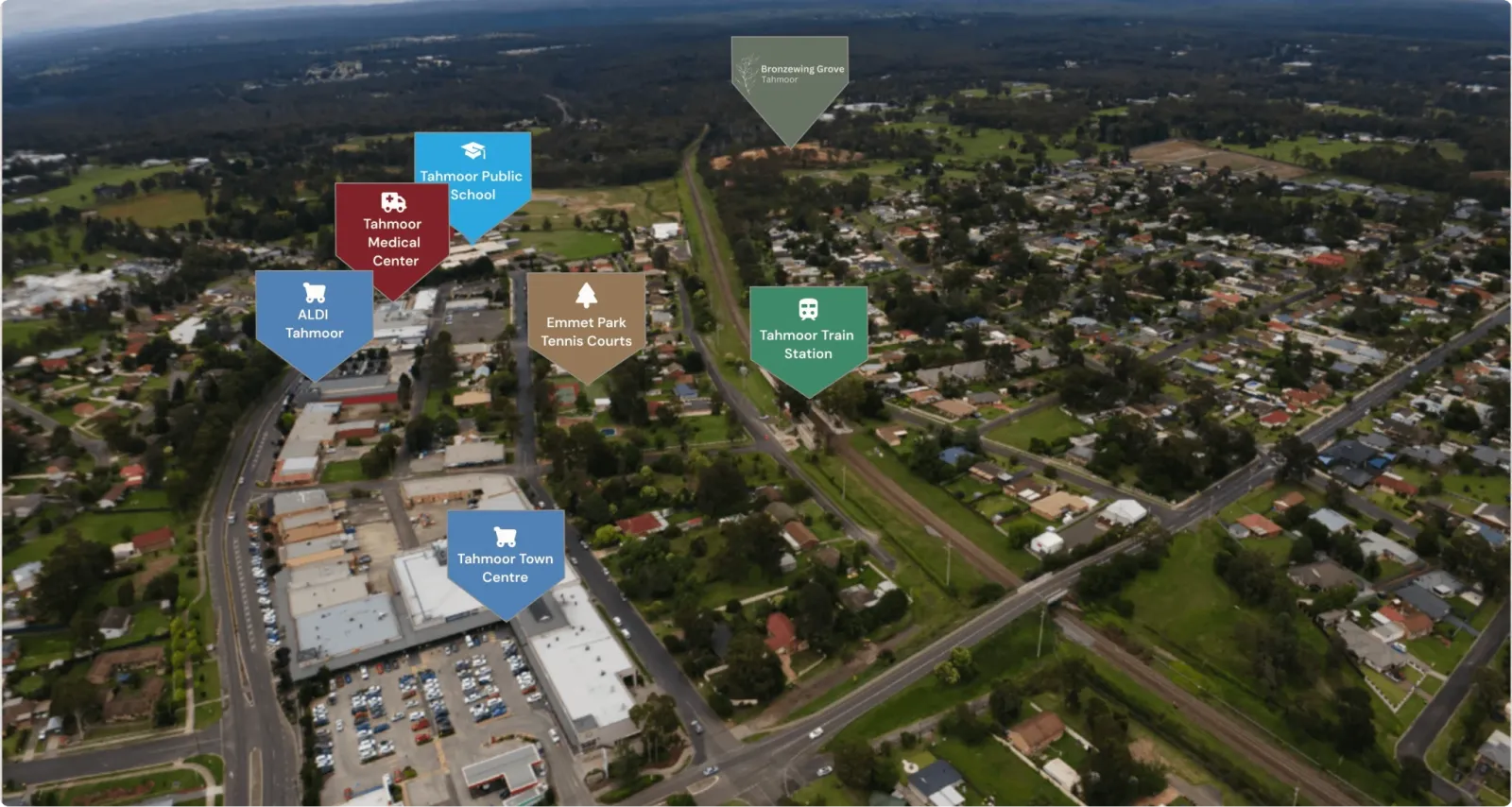 Aerial map of Tahmoor, NSW showing key locations marked with colored pins: Bronzewing Grove (top right), Tahmoor Public School (blue), Tahmoor Medical Center (red), ALDI Tahmoor (blue), Emmet Park Tennis Courts (brown), Tahmoor Train Station (green), and Tahmoor Town Centre (blue). The image displays suburban residential areas, roads, and green spaces across the region.