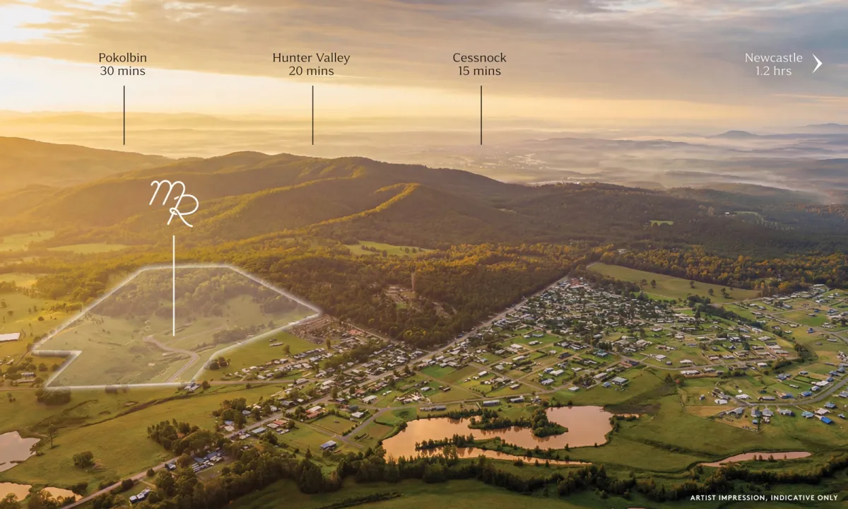 Aerial view of Millfield Rise Estate location in a valley landscape, showing the property outline marked with 