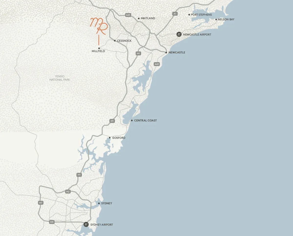 Map of New South Wales coastline showing Millfield Rise Estate location marked with orange pin near Millfield, northwest of Newcastle, with nearby towns including Cessnock, Maitland, and Port Stephens labeled.
